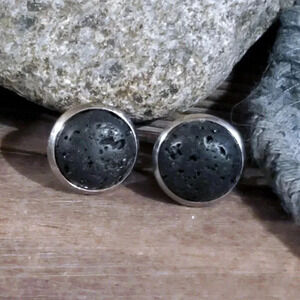 Black Volcanic Lava Domed Aromatherapy Cabochon Silver Plated Stud Earrings